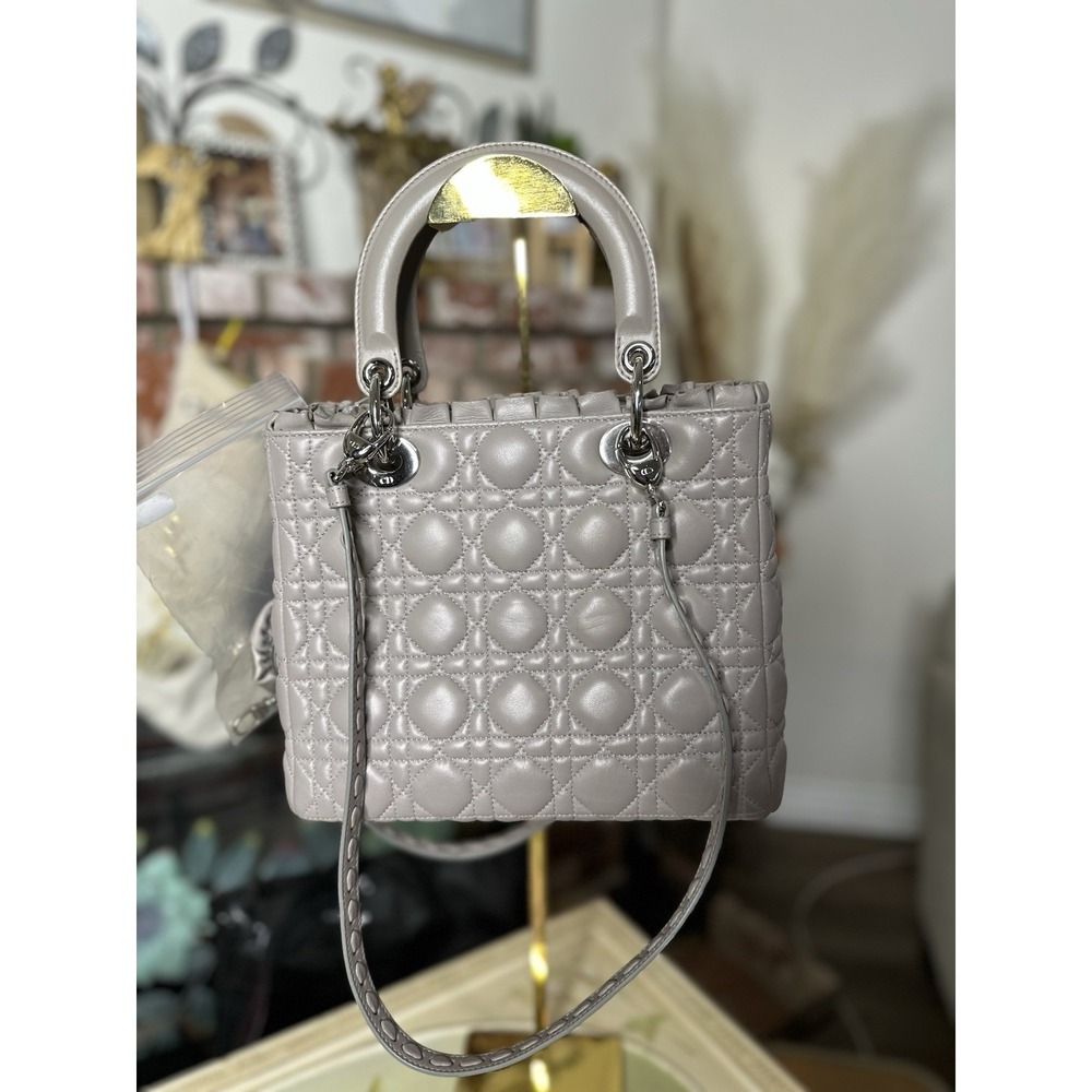 RARE Christian Dior Lady Dior Medium Ruffle Zip Gray Cannage Lambskin Silver